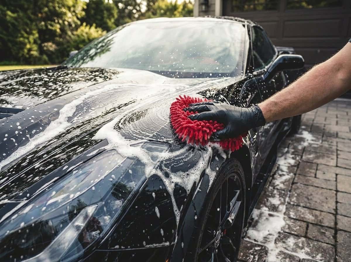 Thick foam being hand washed on a black hood with a red wash mitt