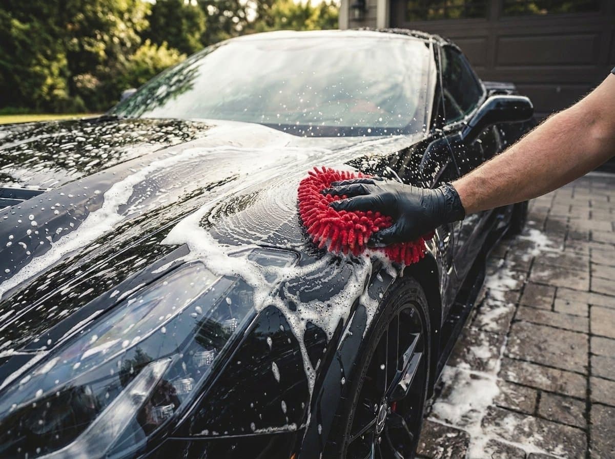 Thick foam being hand washed on a black hood with a red wash mitt