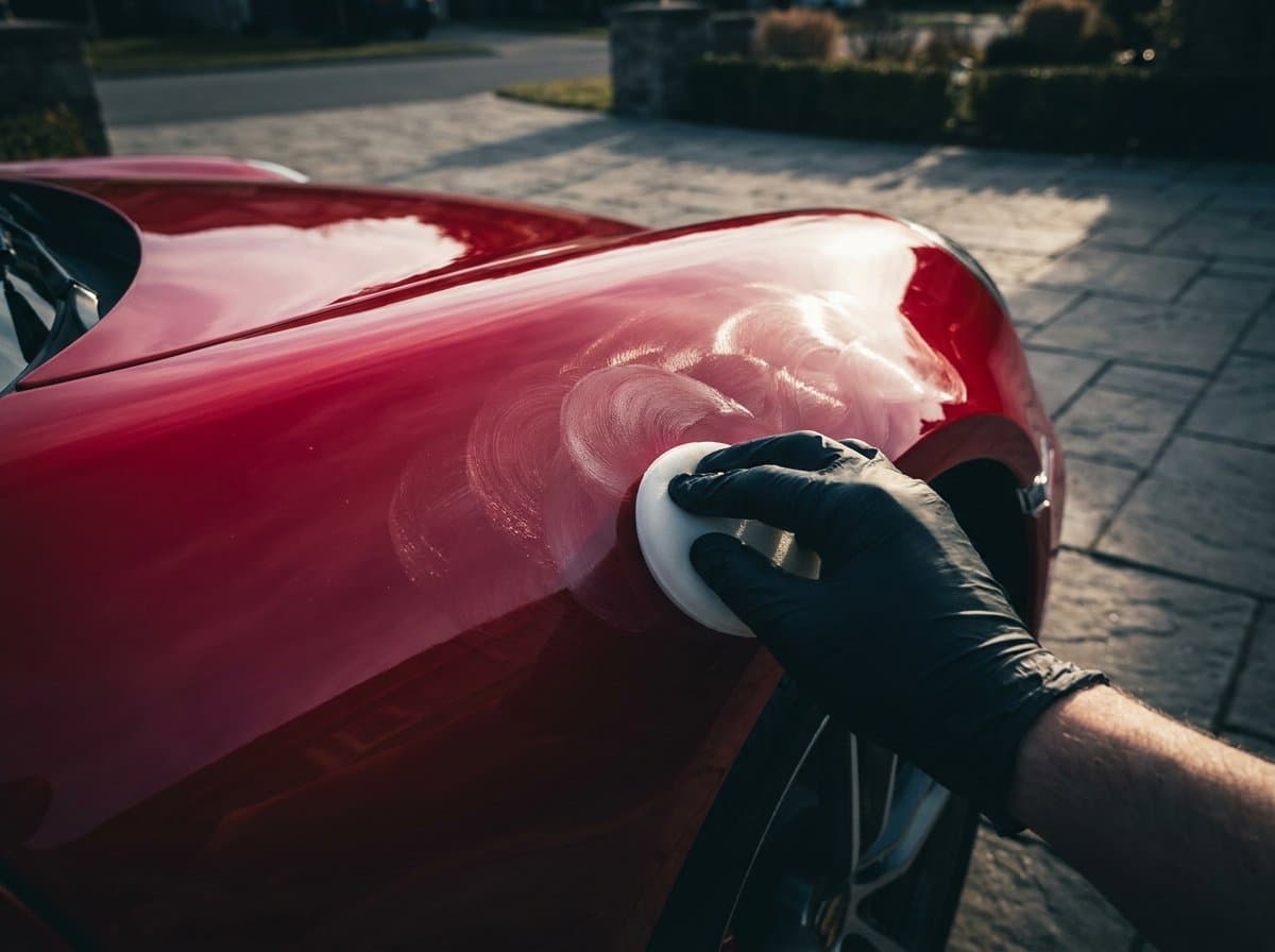 Paste wax being applied to a red fender with a foam applicator pad