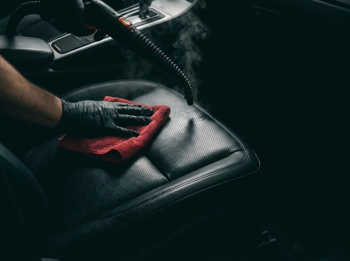 Steam cleaning black leather seats with a red microfiber towel