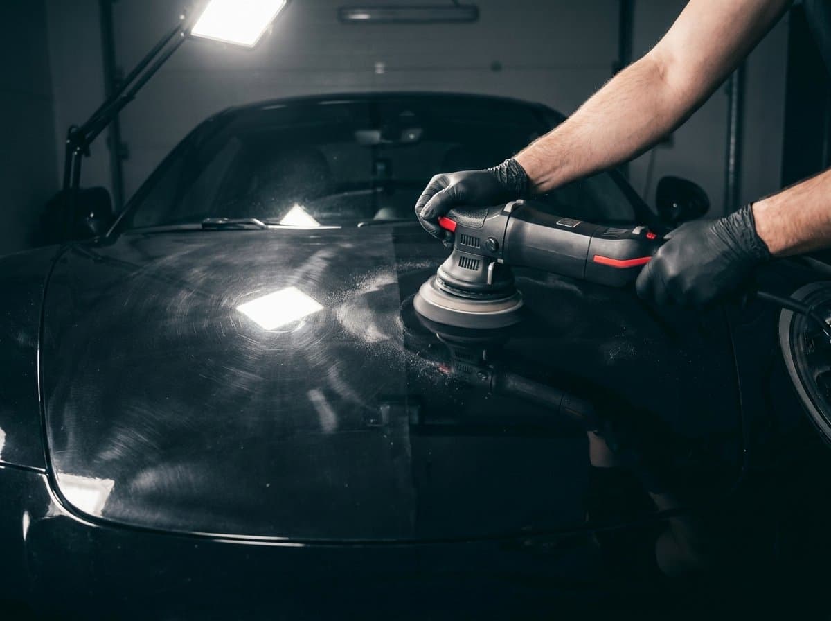 Orbital polisher correcting paint on a black hood, half hazy and half mirror gloss